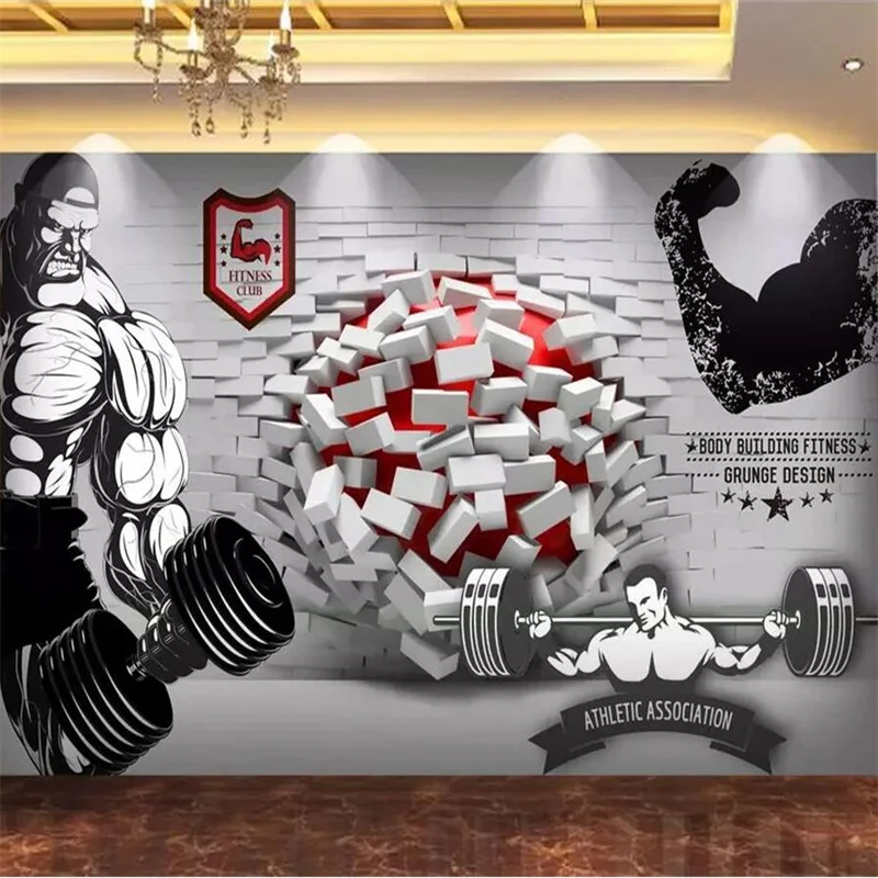 Custom wallpaper 3D broken wall into the gym mural fitness club weightlifting обои gym tooling background wall papel de parede