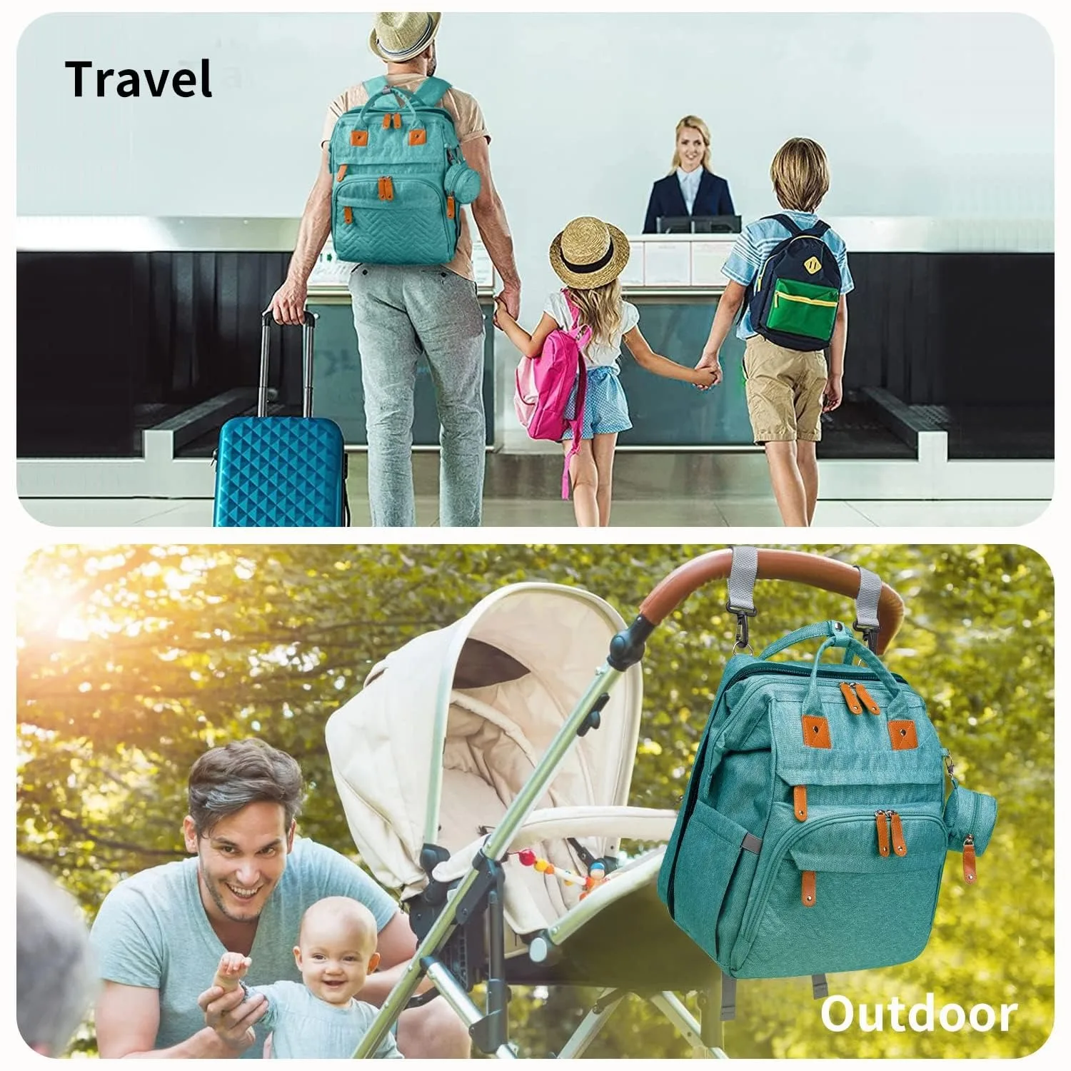 Bolsas de pañales para bebés con cambiador, mochila impermeable de gran capacidad para pañales para mamás y papás con puerto de carga USB y correas para cochecito, regalos para baby shower, rosa, verde, azul