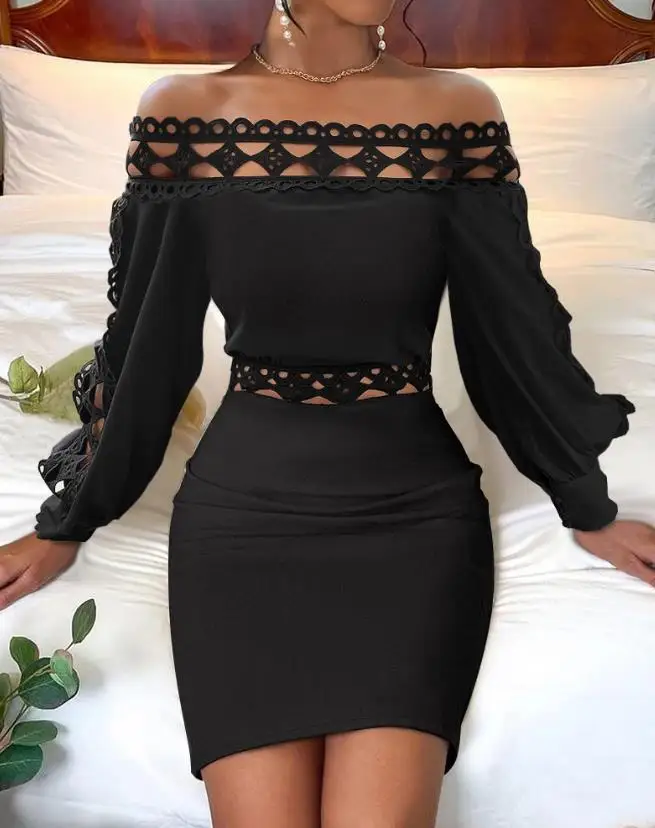 

Women's Elegant Dress 2024 Spring Summer Latest Sexy One Shoulder Sheer Mesh Patch Mini Long Sleeve Skinny Dress Short Skirt