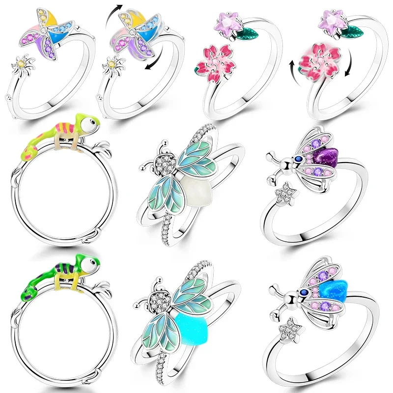 925 Sterling Silver Rotating Windmill Cherry Blossom Ring Can Glow Change Color Firefly Chameleon Ring for Women Wedding Jewelry