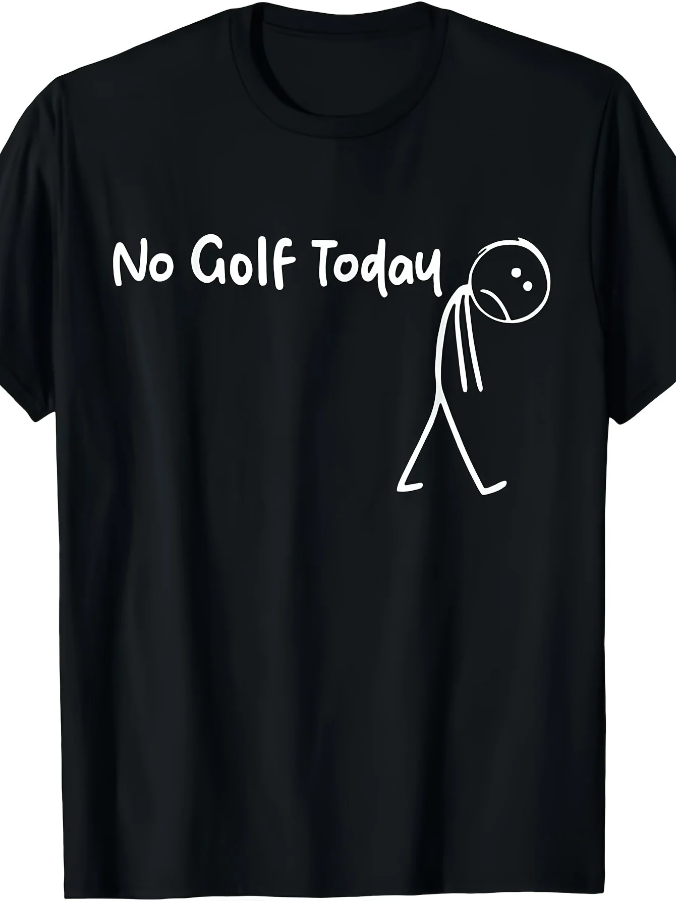 Funny Men's Black Graphic T-Shirt No Golf Today Stick Figure Slumped Head Sad Mood Bold Letter Print 100% Cotton Heavyweight Short Sleeve Casual Streetwear Tee