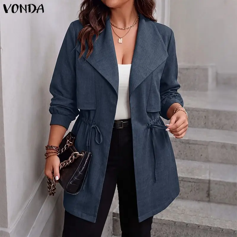 Plus Size Women Long Sleeve Coats Outwear VONDA Drawstring Waist Lapel Open Front Casual Office Solid Jackets Cardigan Thin