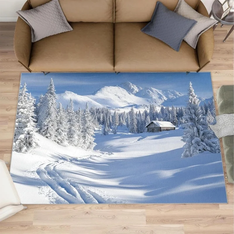 Winter Snow Mountain Cabin Area Rug Snowy Forest Landscape Print Soft Floor Mat Scenery Carpet for Living Room Bedroom