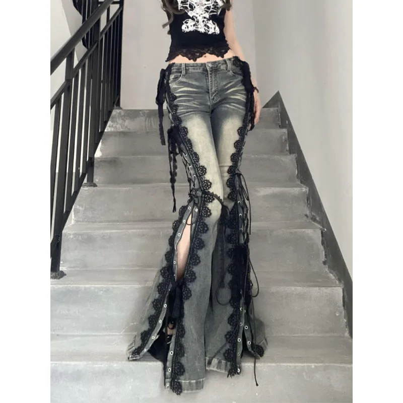 

2026 New Vintage Japanese Women Dark Academia Goblin Core Harajuku Retro Streetwear Y2K Low Rise Lace Jeans Denim Flare Pants