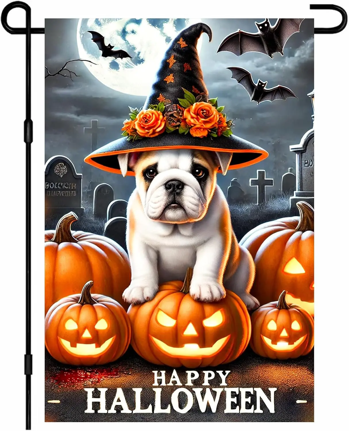 BlissYard Halloween Garden Flag 12x18 Inch Bulldog Witch Dog Flag Double Sided Spooky Pumpkin Yard Banner Outdoor Holiday De jjp
