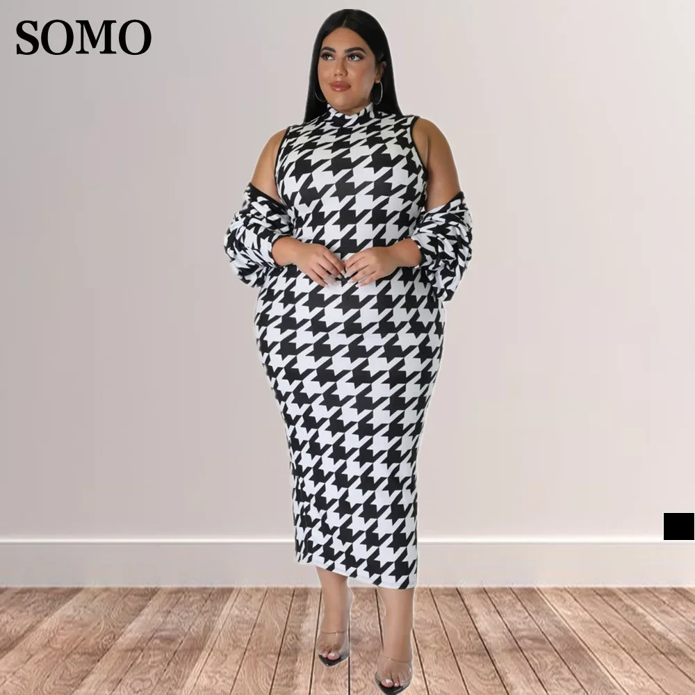 

SOMO Plus Size Women Clothes Fashion Houndstooth Print Skirt Outfits Long Dress Short Coat Two Piece Set Wholesale Dropshipping