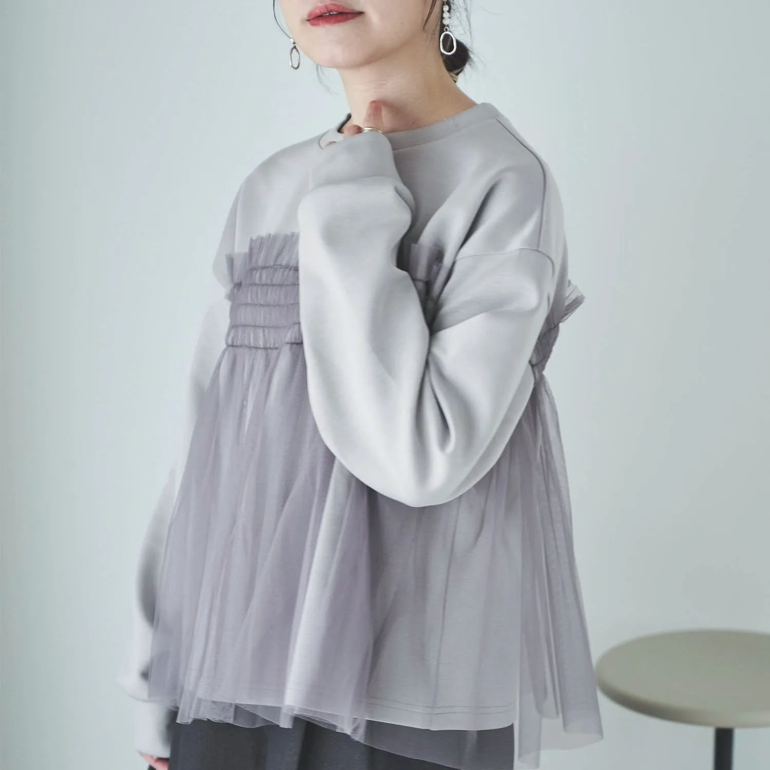 

Lotte Autumn Winter Large Version Net Splicing Hoodie Women's Personali Faionable Top round Ne Long Sve Polyester Blend