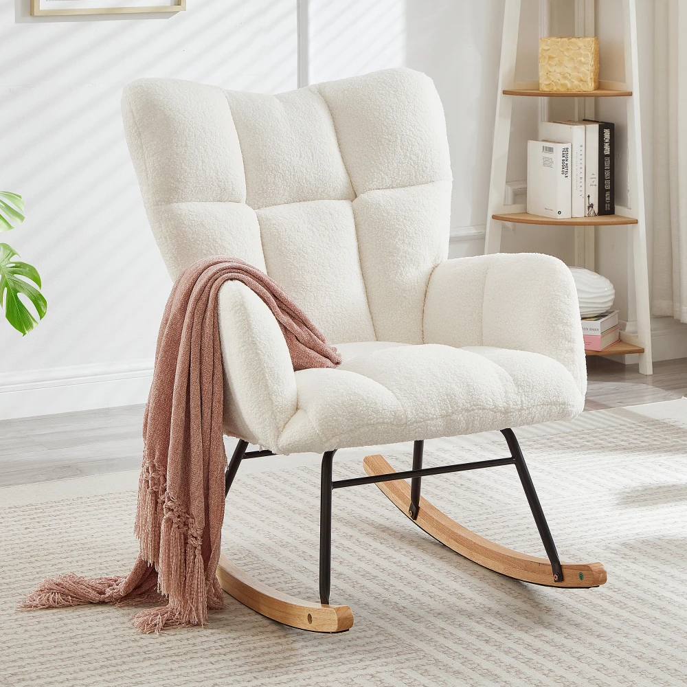 Chaise planeuse pour salon, chaise à bascule capitonnée et rembourrée en tissu Teddy avec cadre en métal, chaise d'appoint, blanc ivoire