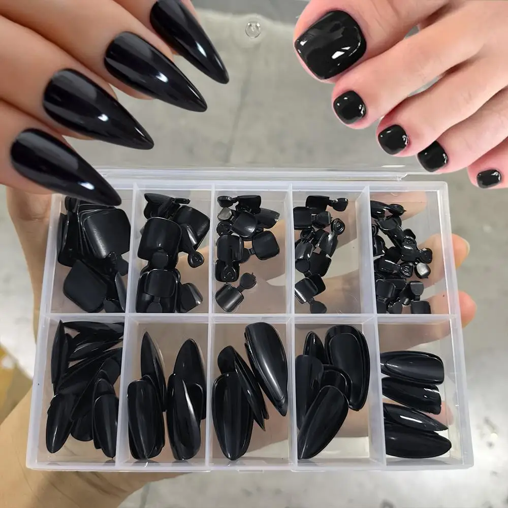 

120 шт., черные смешанные накладные ногти на палец и ногах, средний миндаль/квадратный пресс на ногтях, шикарные носимые женские накладные ногти, кончик для повседневного ношения