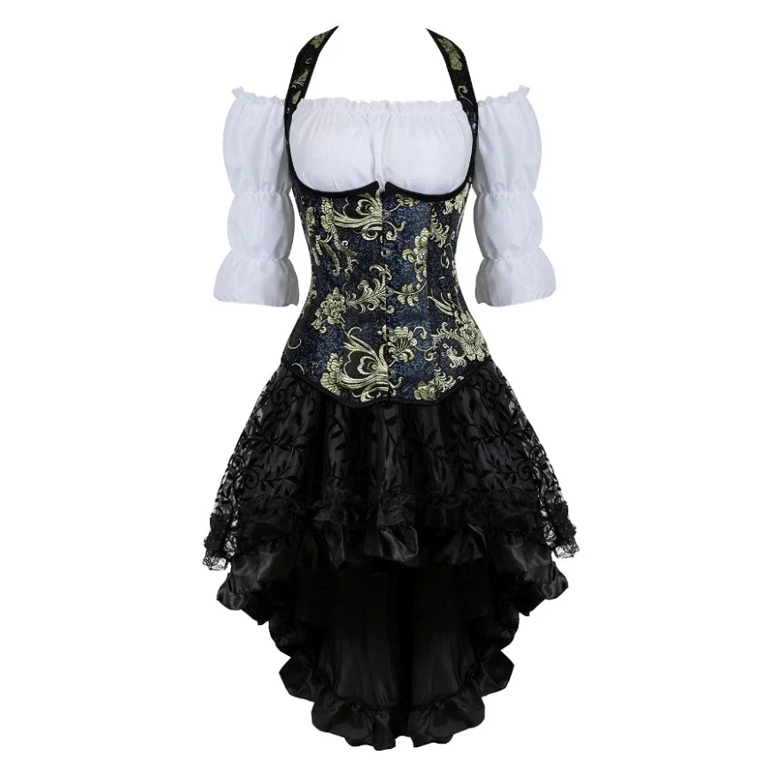 

Women Gothic Corset Dress Embroidery Floral Underbust Corset Vest Renaissance Blouse Asymmetrical Lace Skirt Set Three-Pieces