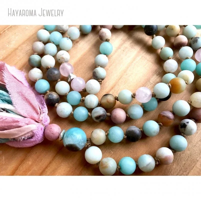 10Pcs 108 Amazonite Mala Beads Rose Quartz Rhodonite Healing Heart Chakra Mala Silk Sari Tassel Necklace