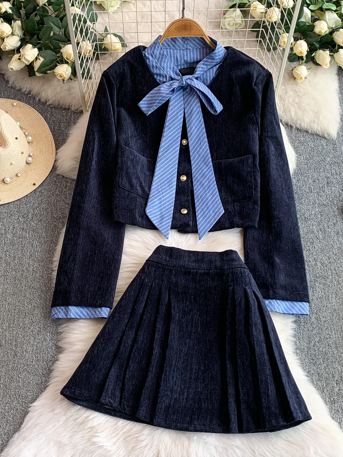 Ele عقدة معطف عالية الخصر ألف خط تنورة مجموعة مخطط الربط التخسيس المرأة Faion فرقة الخريف ارتداء