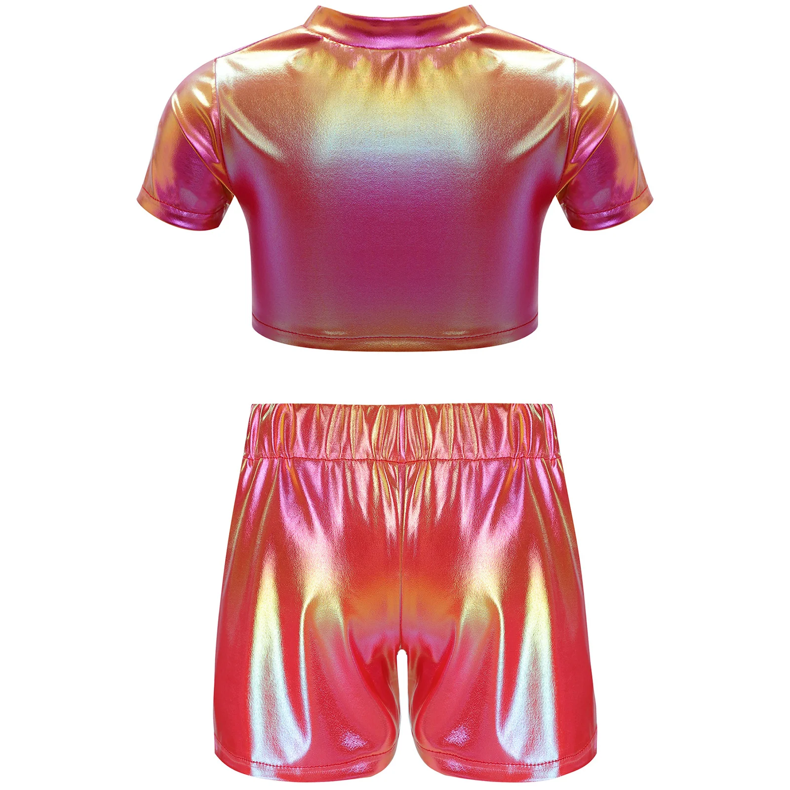 Kids Girls Hip Hop Jazz Dance Costume Metallic Short Sleeve Crop Top with Shorts Cheerleading Stage Performance Street Dancewear