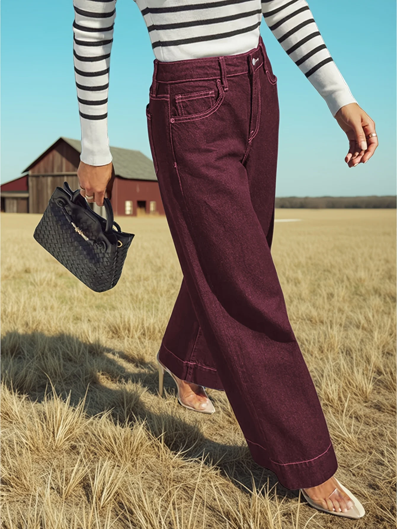 Autumn new women's wine red high waist wide leg jeans stretch fabric button placket jeans soft and comfortable slim washed jeans