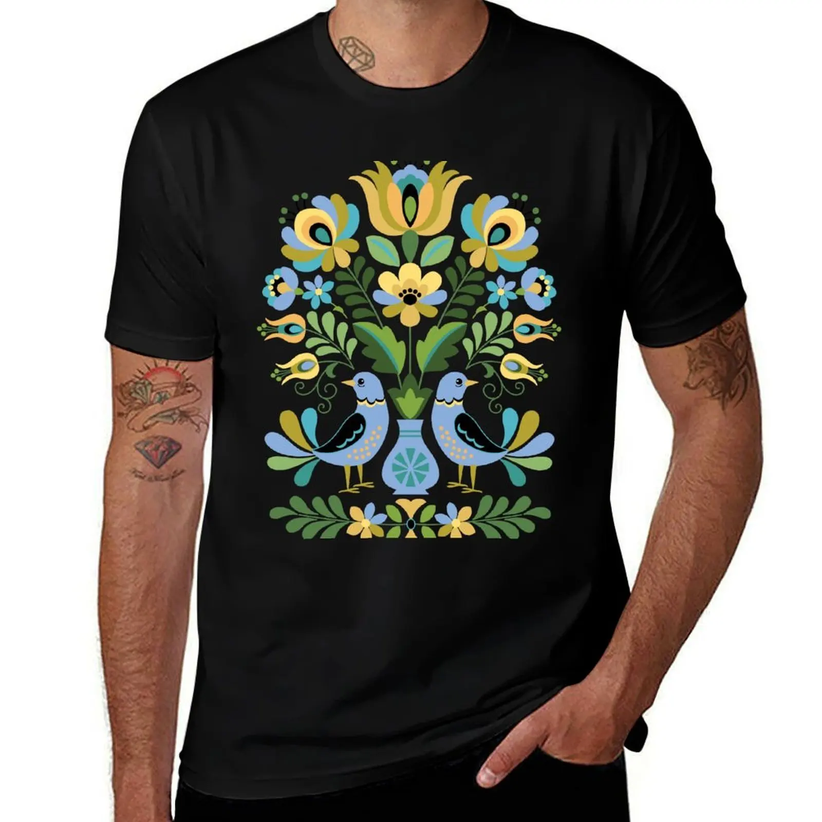 

Hungarian Folk Art Birds in Blue and Gold T-Shirt T-shirts oversize Short sleeve tee cute clothes designer t shirt men