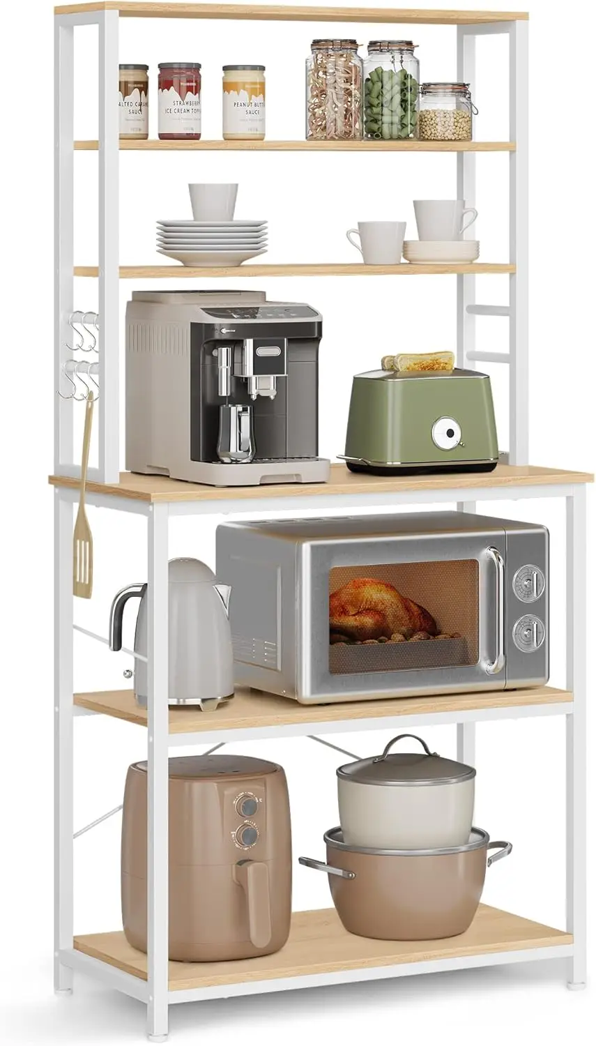 

Coffee Bar, 31.5 Inches Baker's Rack for Kitchen with Storage, 6-Tier Kitchen Shelves with 6 Hooks, Microwave Stand, Industrial