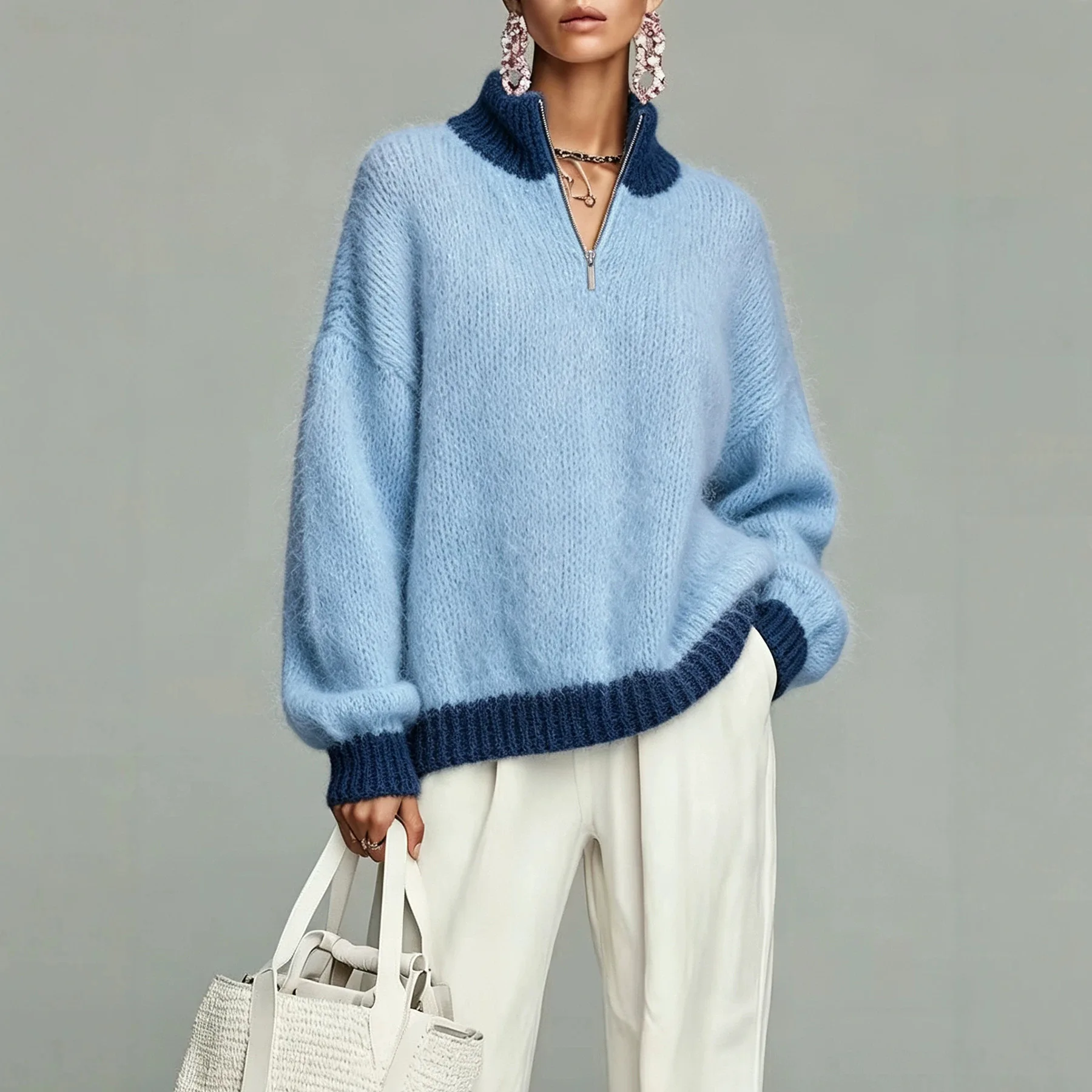 Women's Color Block Half Zip Sweater Stand Collar Contrast Trim Loose Oversized Long Sleeve Warm Knit Pullover Fall Winter Top