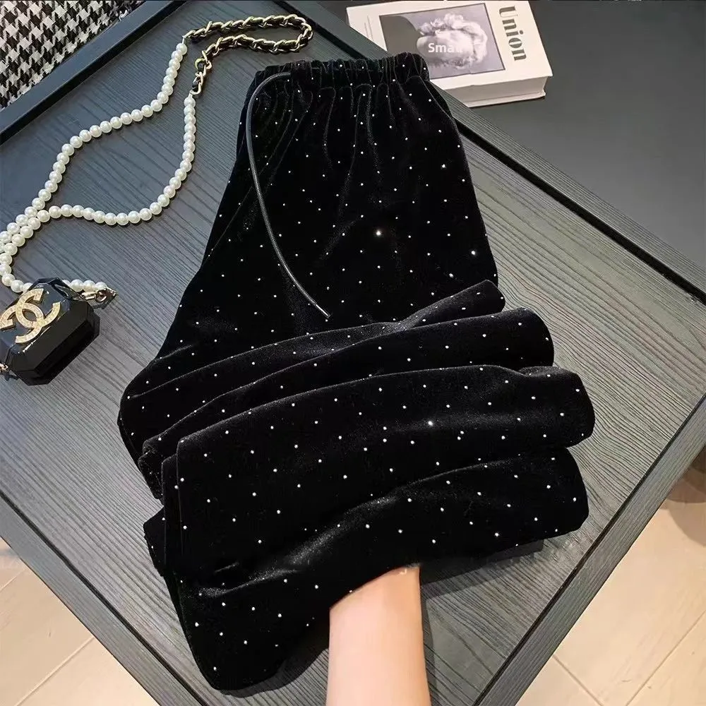 Women's Fashionable Casual Velvet Wide Leg Pants Autumn Winter High Waist Trousers All Match Gold Threaded Loose Fit Trousers