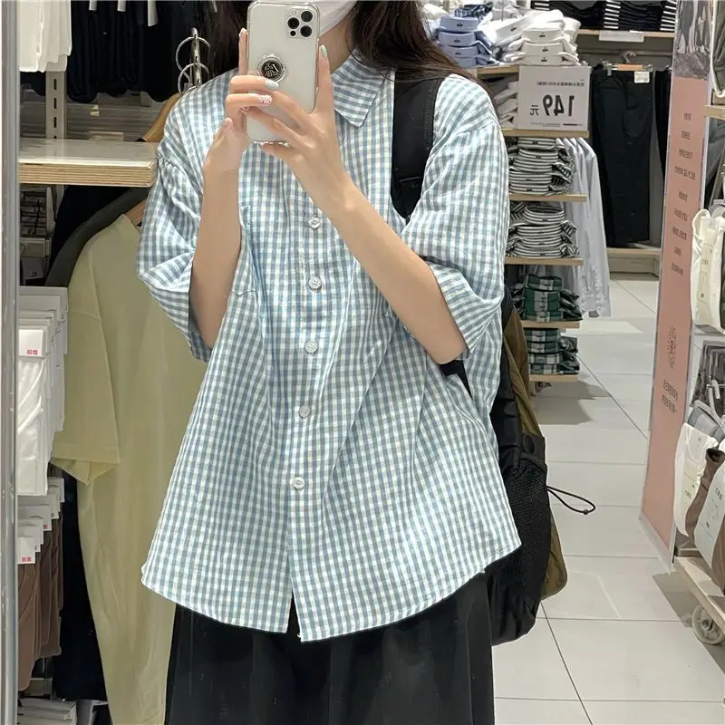 2023 Women\'s Clothing Elegant Fashion Office Lady Loose Turn-down Collar Short Sleeve Plaid Button Thin Summer Neutral Blouses