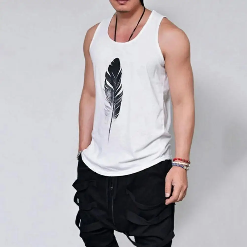 Round Neck Vest Men Feather Print Vest Feather Print Men's Summer Vest with Racerback Design Quick-drying Technology for Wide