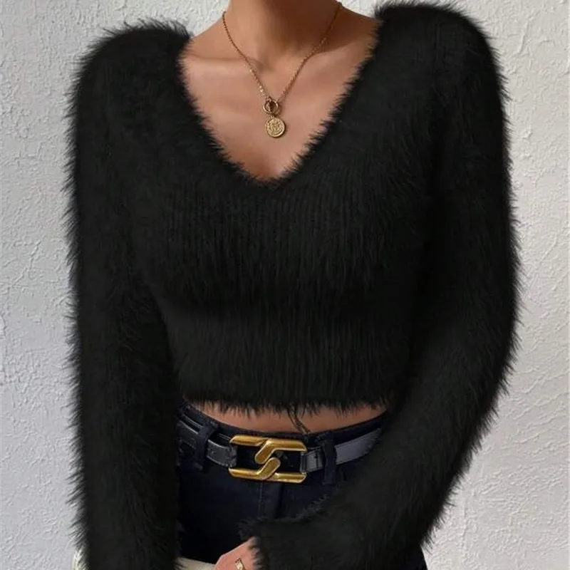 Autumn Winter V Neck Women's Sexy Long Sleeve Slim Sweater Korean Style Solid Color Cropped Top Casual Knitted Pullover