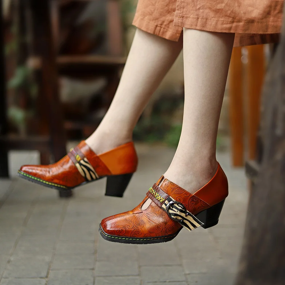 

New retro elegant square print single shoes leather casual thick with female high heels