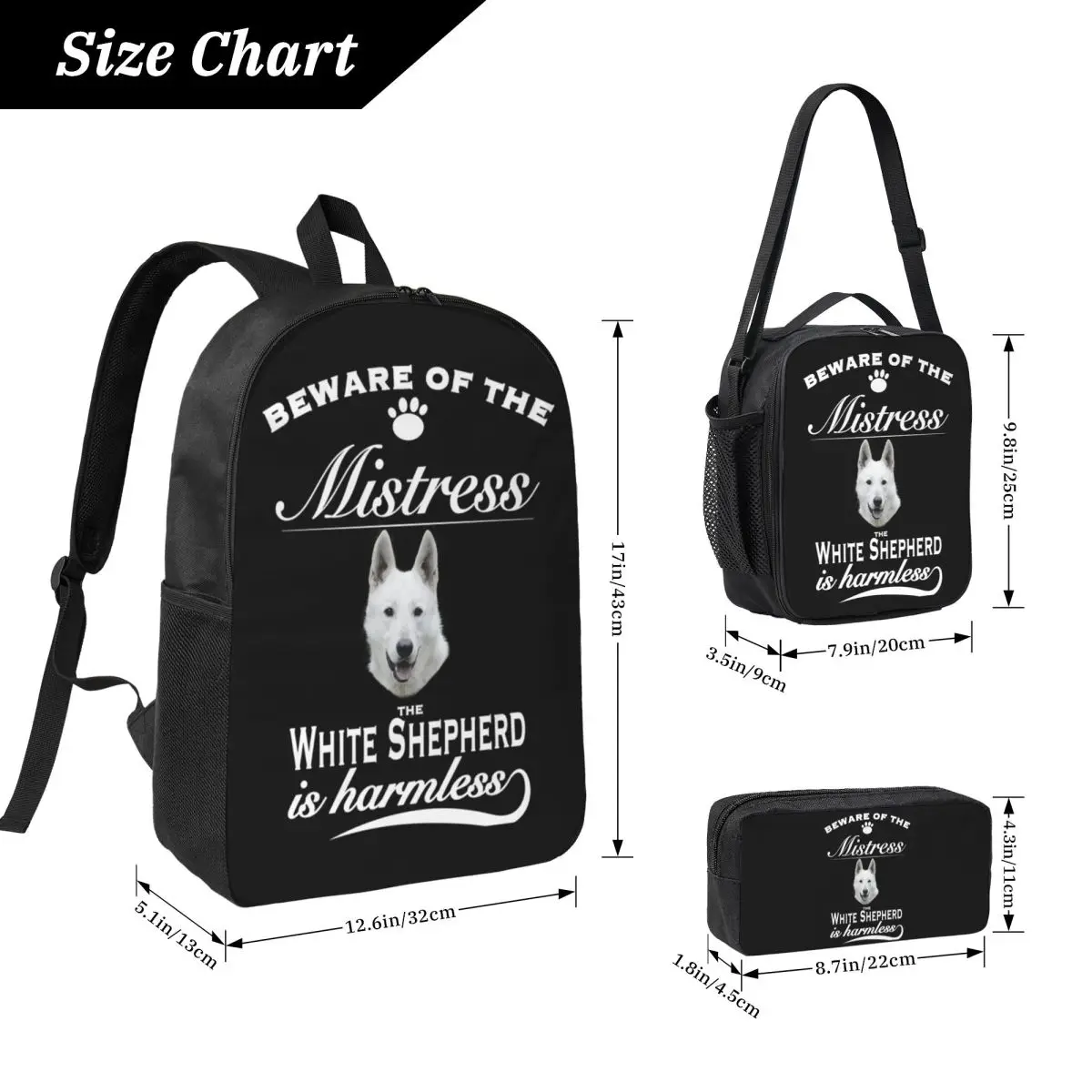 White German Shepherd Dog Backpack Student BookBag School Bag Laptop Shoulder Bags 3ps Insulated Lunch Bag Pencil Case