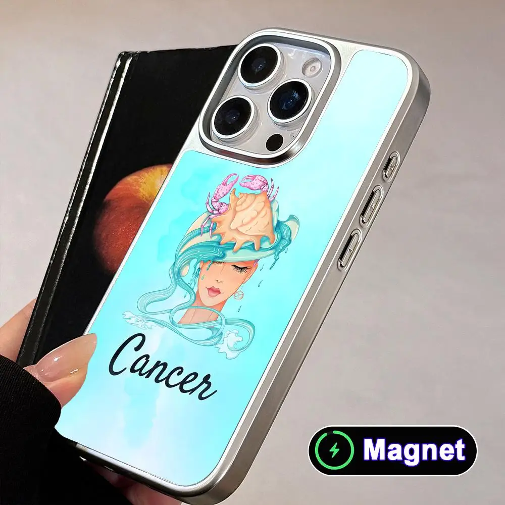

Zodiac Sign Cancer Phone Case for iPhone 17 16 15 14 13 12 11 Air Pro Max Plus Electroplated Silver Magnet Cover