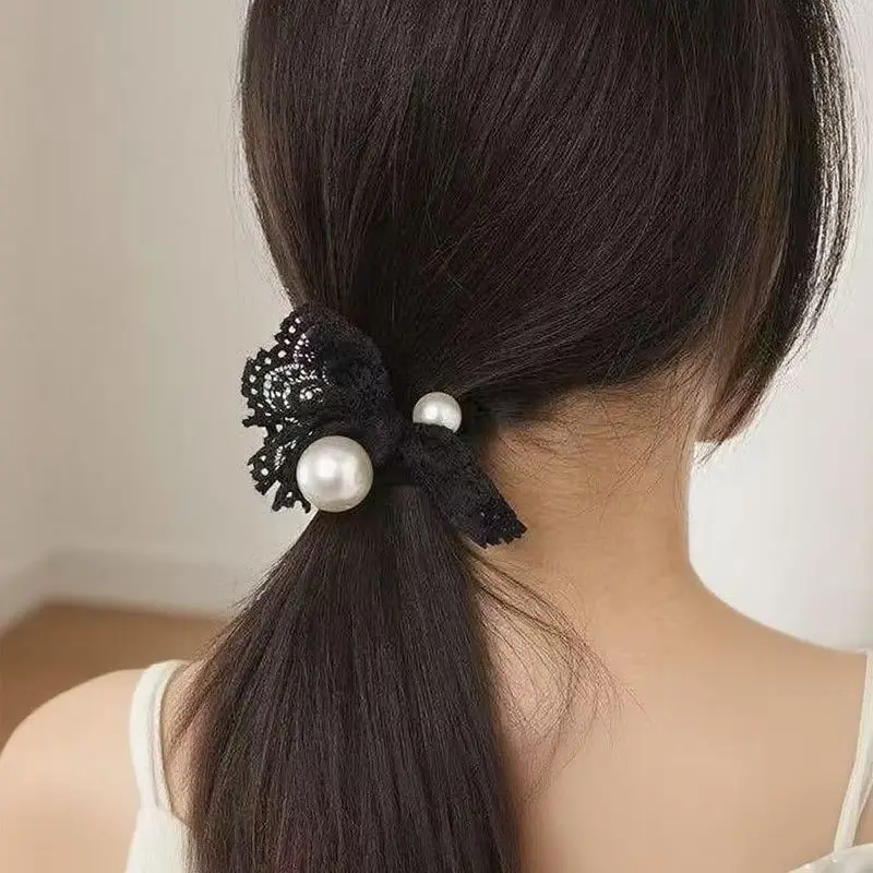 

2pcs Women's Fresh Bow Hair Accessories with Imitation Pearl Lace High-End Rubber Band Hair Rope for Stylish Hair Management