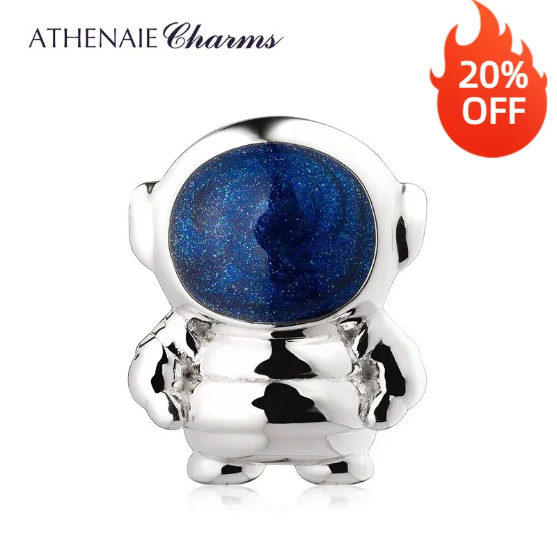 ATHENAIE Blue Space Astronaut 925 Sterling Silver Enamel Beads Charms Fit Bracelet Bangle for Women Jewelry Gift