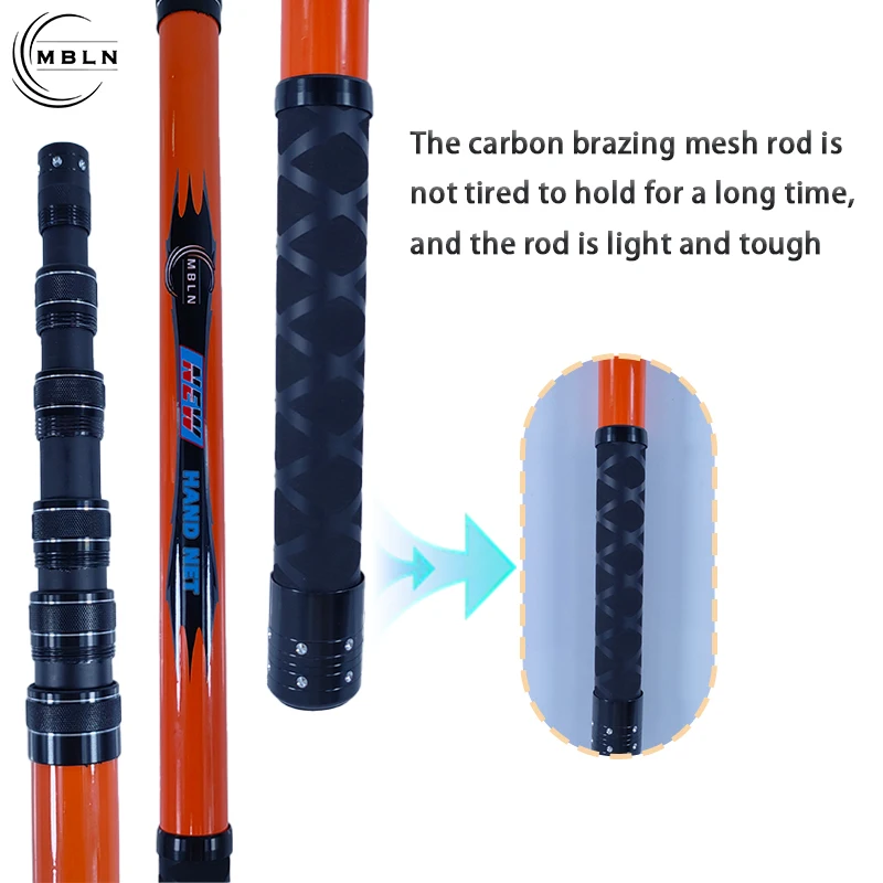 MBLN Carbon Fiber Telescopic Fishing Landing Net Pole with Lock, 45cm Foldable Net Head, 320cm Length, Lightweight & Portable