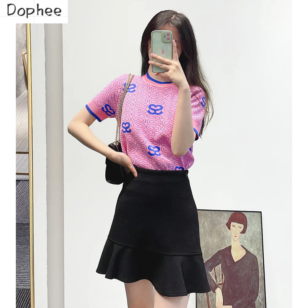 High Quality Spring Summer Short Sleeve T-shirt Contrast Color Jacquard Letters Women Knitted Shirt All-match Female Sweater Top