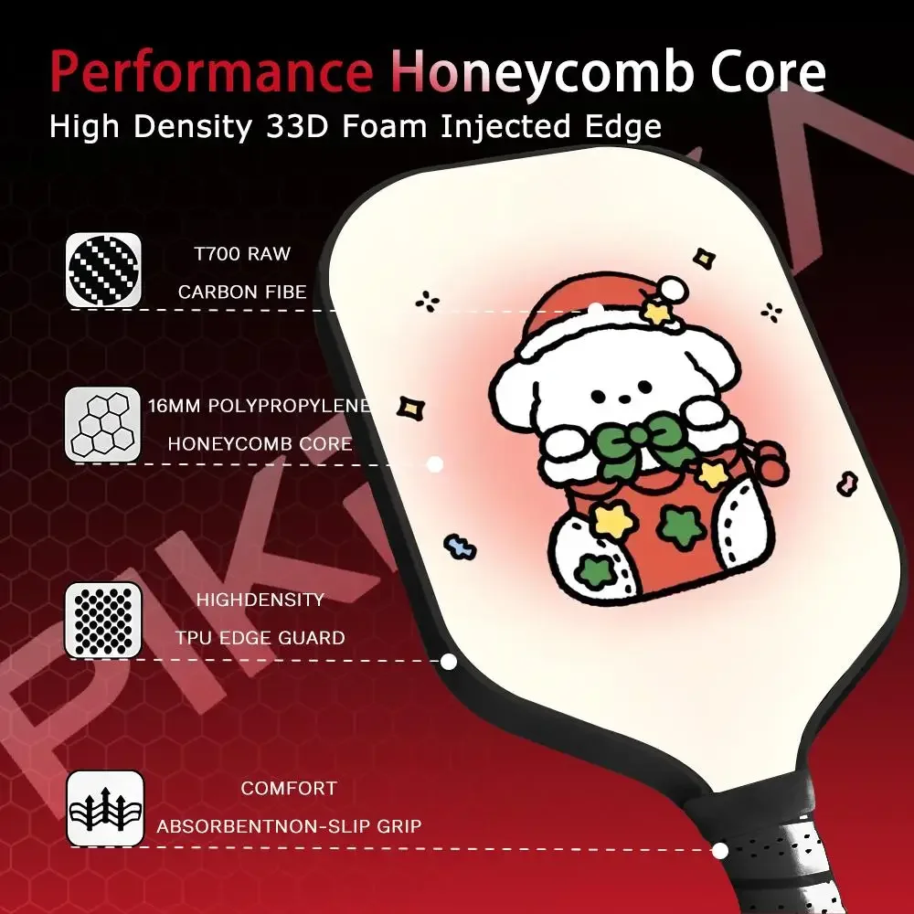 

Pickleball Paddle T700 Carbon Fiber Paddle Set Thermoformed 16MM Honeycomb Core with Bag and Grip Tape Merry Christmas Puppy