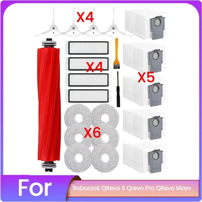 AT21-22PCS For Roborock Qrevo S, Qrevo Pro, Qrevo Maxv Robot Vacuum Cleaner Parts Main Brush Side Brush Hepa Filter Dust Bag