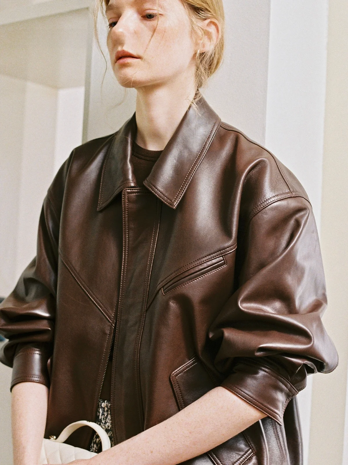 

Souaround Vintage Sle eepskin Jaet Youth Loose Fit Long Sve Zipper Closure Coat ket Detail Retro Faion