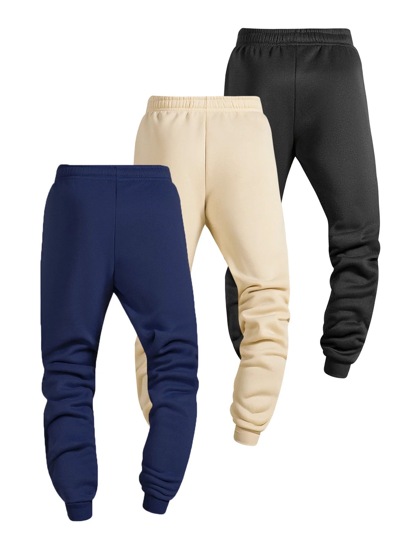3 Pack Men Solid Jogger Sweatpants Elastic Drawstring Waist Ribbed Ankle Cuffs Side Pockets Lightweight Breathable Durable Knit