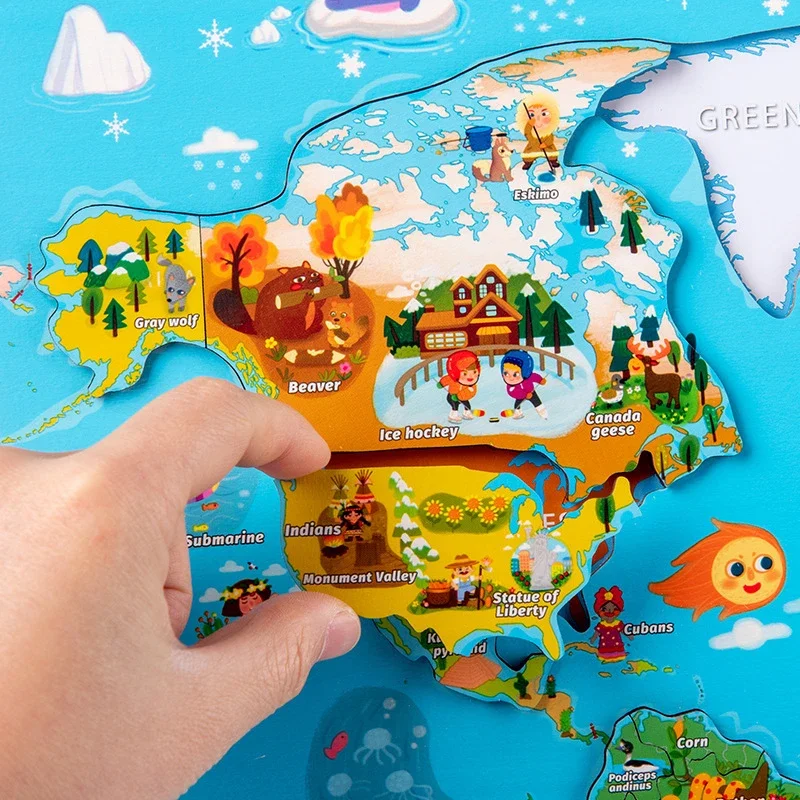 Wooden World Map Puzzle with National Flags on Back and 92 Country Flash Cards, Education Geography Toy Learn Geography Puzzles