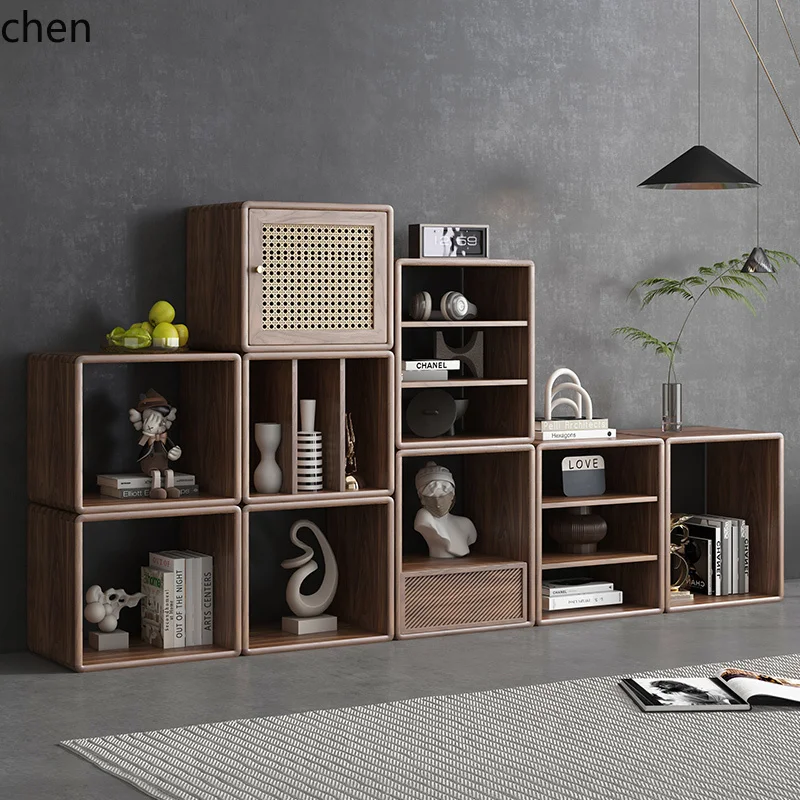 solid wood rattan storage cabinet living room floor storage bookshelf locker
