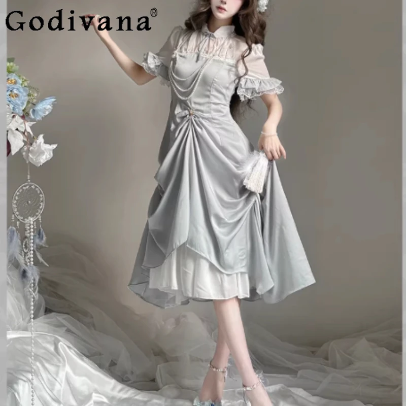 

Spring Summer FemaleTemperament Stand-up Collar Puff Sleeve Long Dress Fashion High Waist Elegant A-line Sweet Fairy Dresses