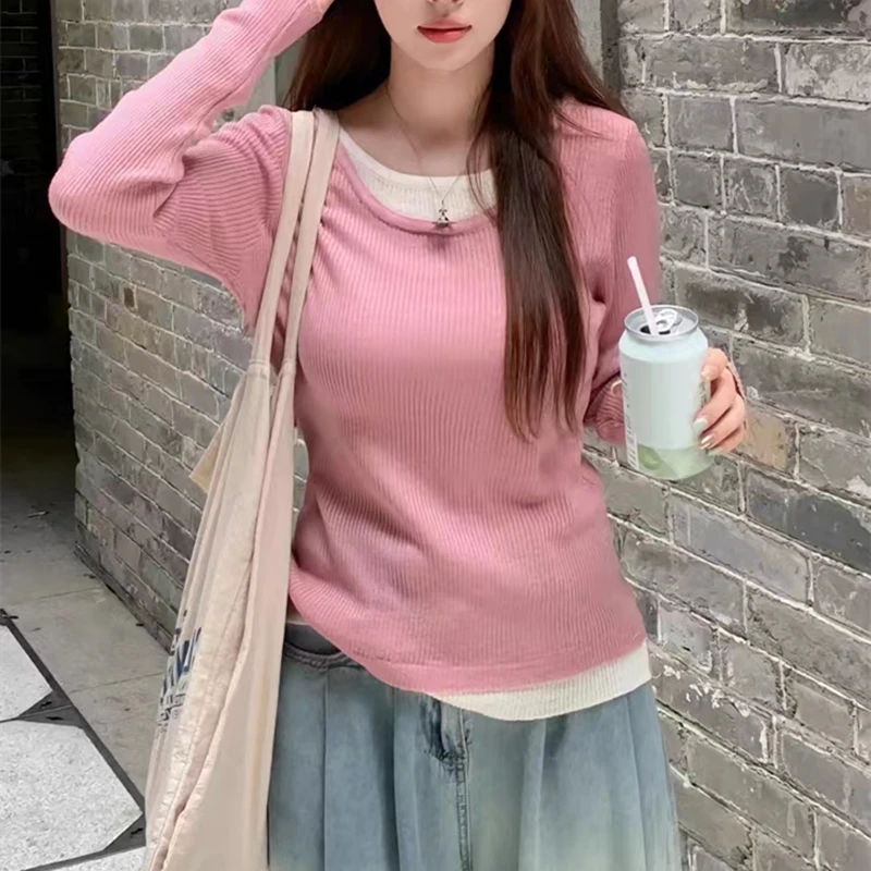 Autumn Winter Sweater Women's O-neck fake two pieces Pullover Women's Trumpet Sleeve Top Solid Color Knitwear Trending Sweaters