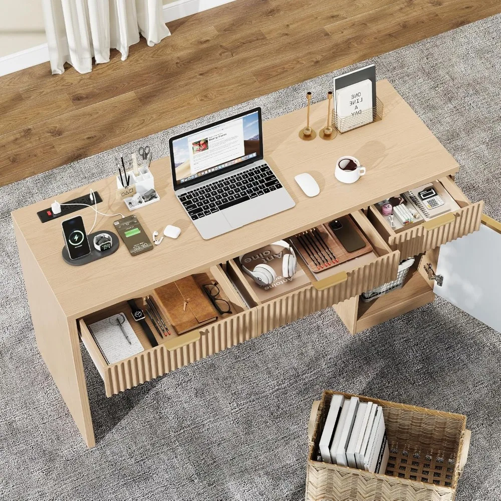 60. Administrative desk with recessed drawers, wooden home desk with storage cabinets, charging station