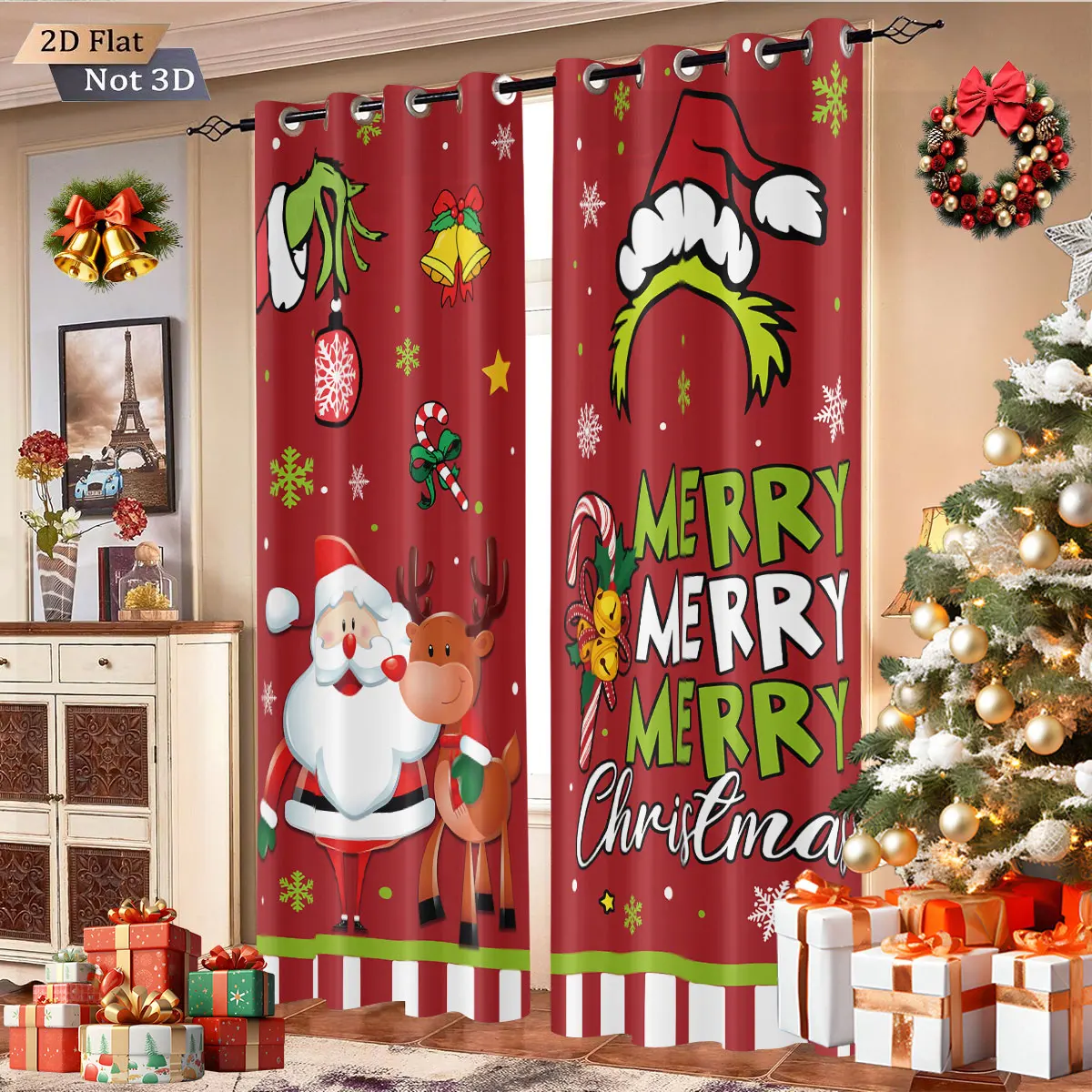 2pcs Merry Christmas, Santa Claus print, perforated blackout curtains, multi size living room insulation, holiday decoration