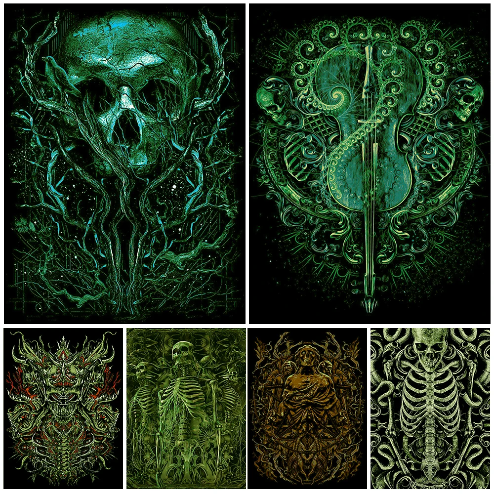 Creepy Demon Skeleton Vintage Wall Art Canvas Painting Mysterious Paganism Witchcraft Art Poster And Print Home Decor Unframed