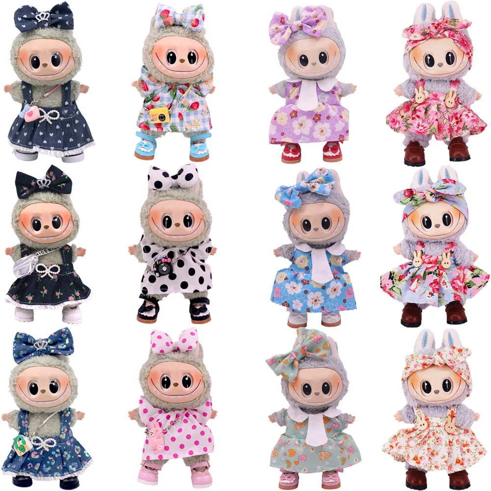 

For Labubu Doll Clothes Pop Floral Dress Butterfly Headband Polka Dot Skirt 15-17CM Plush Stuffed Doll Accessories Girl's Toys