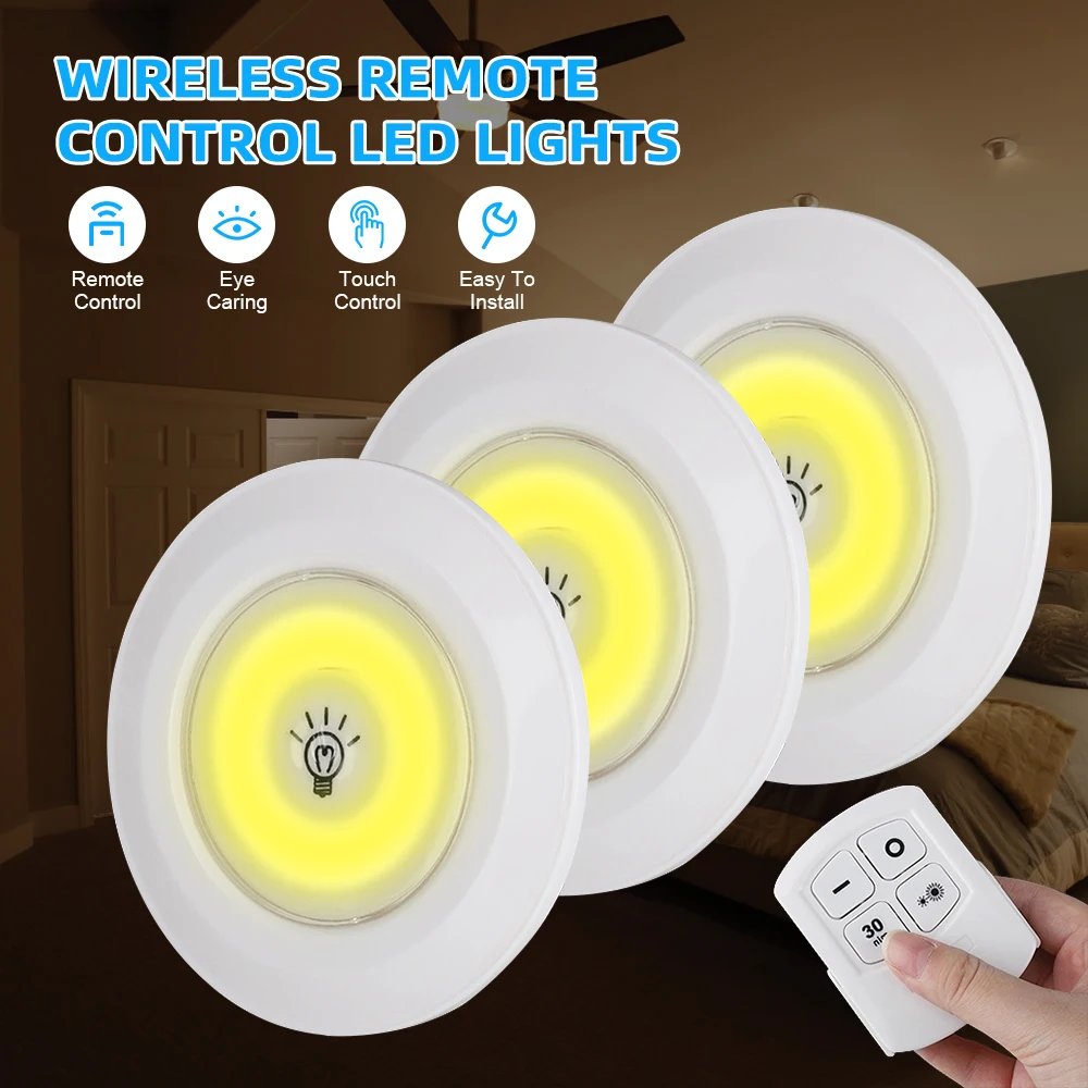 Wireless LED Under Cabinet Light Remote Control Dimmable Wardrobe Night Light Home Bedroom Kitchen Battery Lamp