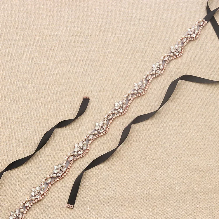 Rose Gold Color Pearls Rhinestone Bridal Wedding Dress Sash Belt  Accessories Women Waistband