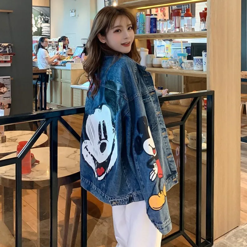 Sanrio Button Disney Mickey Denim Coat Cartoon Graphic Cute Jackets Long Sleeve Korean Outerwear Cowboy Oversized Coat For Women