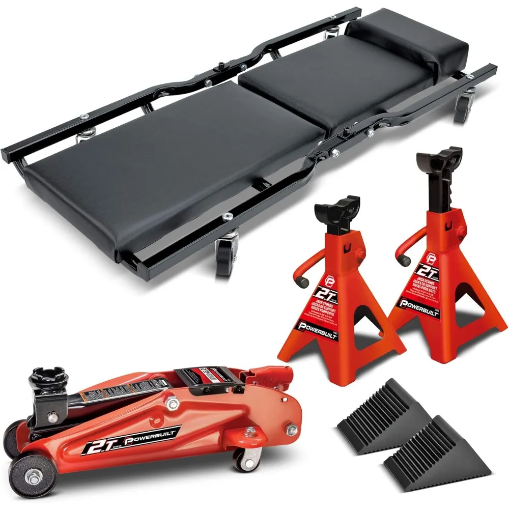 

6-Piece Vehicle Lift Kit with 2-Ton Capacity, Jackstands, Adjustable Creeper, Wheel Stabilizers, and Car Ramps