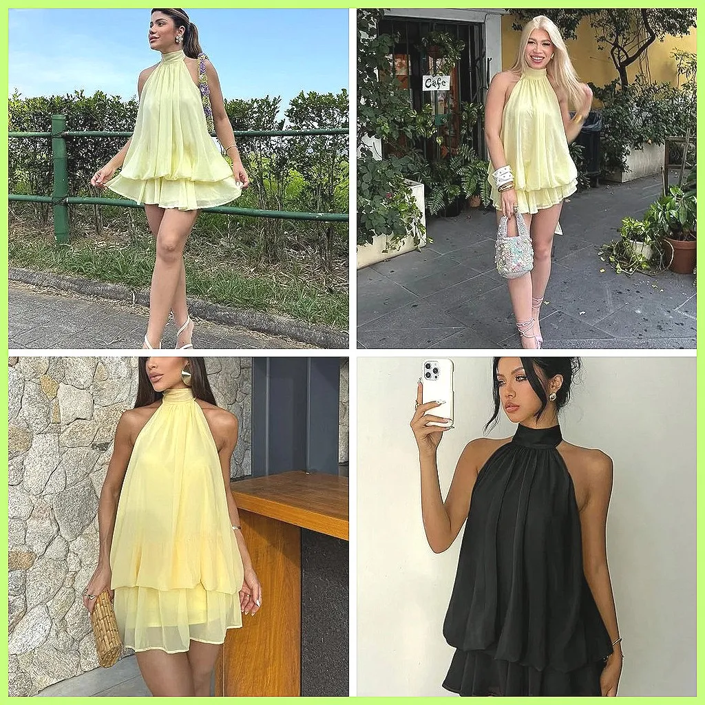 

Sexy Backless Halter Chiffon Mini Dress for Women, Off-Shoulder Sleeveless Pleated A-Line Summer Dress (Characters: 78)