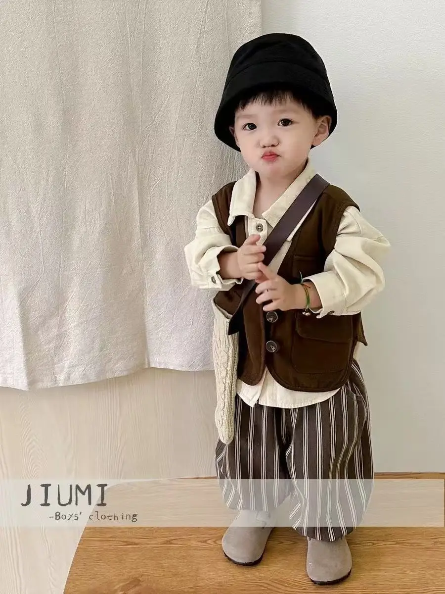 Children's Clothing Boys Spring and Autumn Suit Male Baby Korean 2025 Autumn New Casual Waist Coat Shirt Three-piece Set Tide